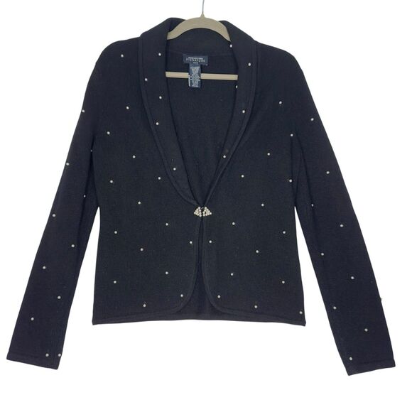 Vintage Jones NY Pearl Beaded Cardigan Sz Petite Small Black Wool Blend Coquette - Picture 1 of 12